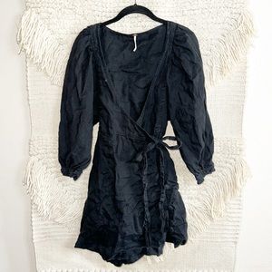 FREE PEOPLE black linen puff sleeve Carino wrap mini dress XS
